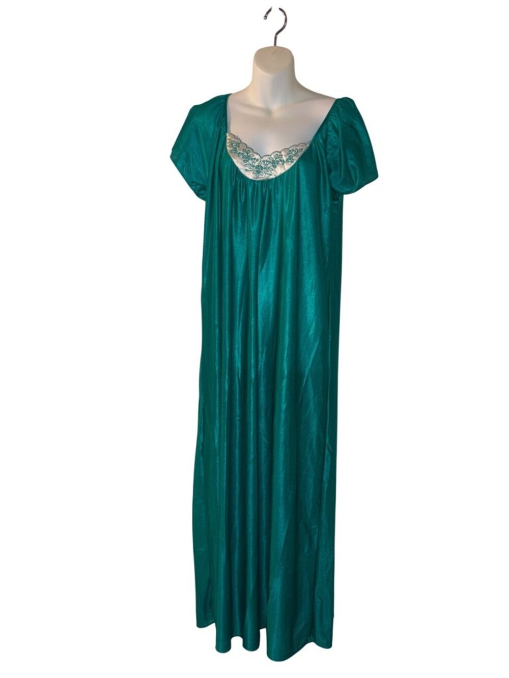 Miss Dira Turquoise Nylon Nightgown, Lingerie, Elegant, Embroidered Neckline